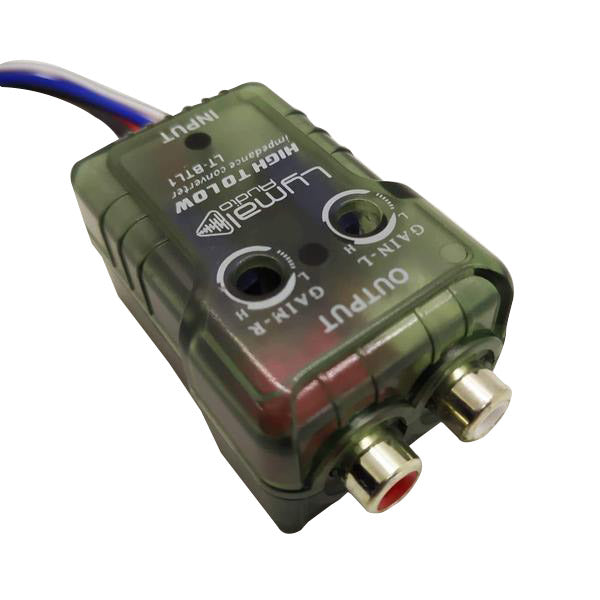 LT-BTL1R Hi/Low Cable to RCA Converter with remote control, designed for seamless audio integration in vehicles.